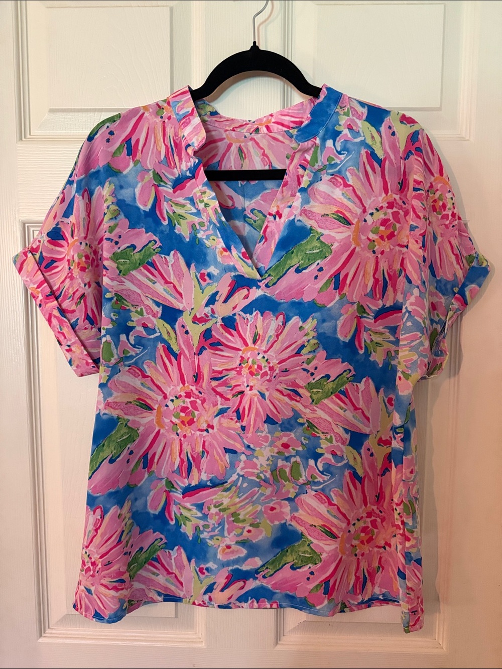 Pink Floral V-Neck Blouse with Blue & Green Accents